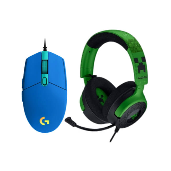 Combo de Headset Gaming Razer RZ04-05180200-R3M1 Kraken V4 X Wired Color Verde Minecraft con Mouse Gaming Logitech G203 910-005792 Lightsync Color Azul