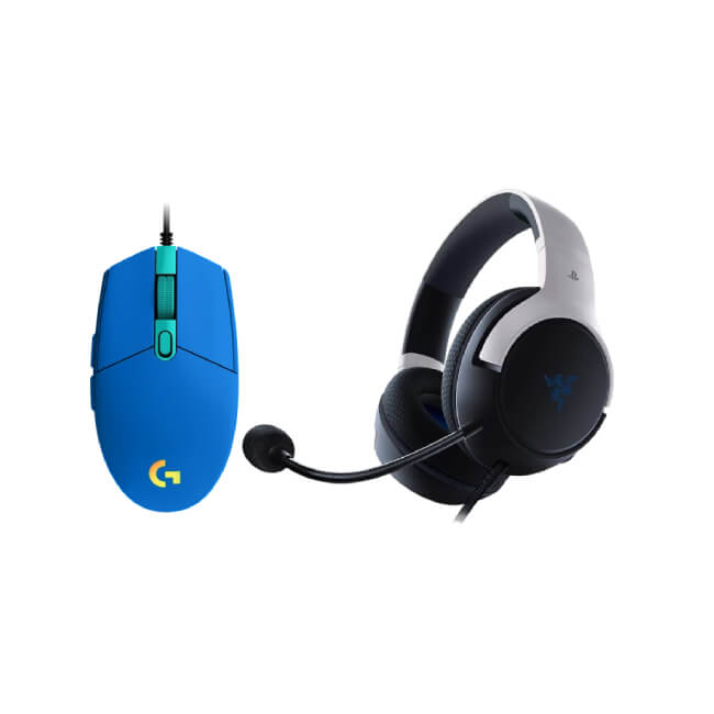 Combo de Headset Gaming Razer RZ04-03970700-R3U1 Color Blanco con Negro con Mouse Gaming Logitech G203 910-005792 Lightsync Color Azul